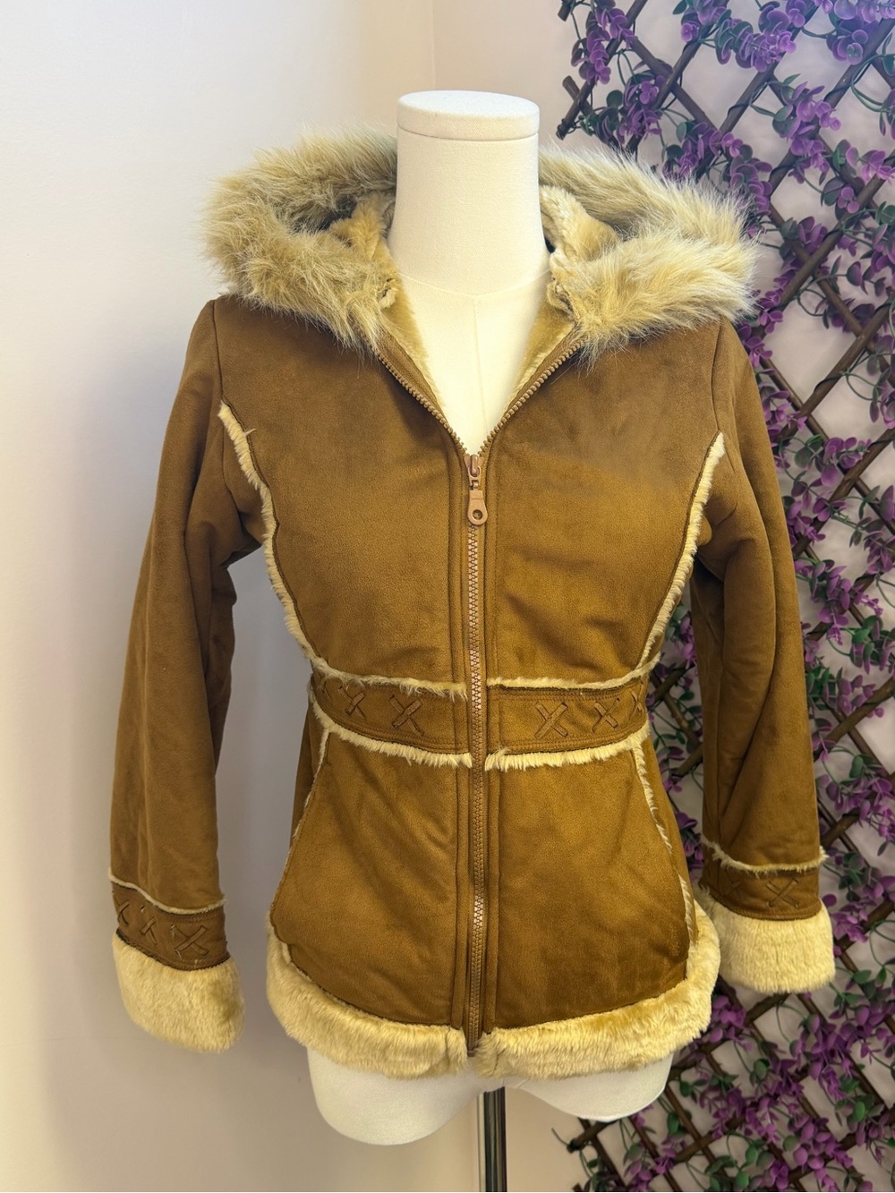 Y2K Vintage Big Chill Faux-Suede Teddy Jacket with Faux-Fur Trim - Brown